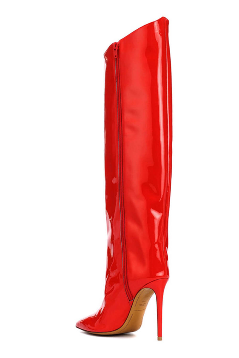 Metallic Finish Knee-High Pointed Toe Stiletto Boots - Red