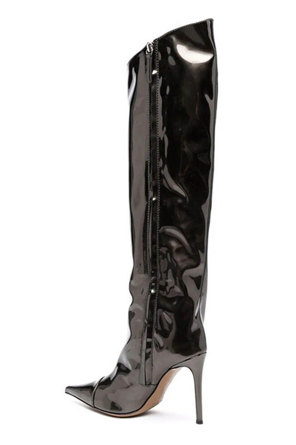 Metallic Finish Knee-High Pointed Toe Stiletto Boots - Dark Grey