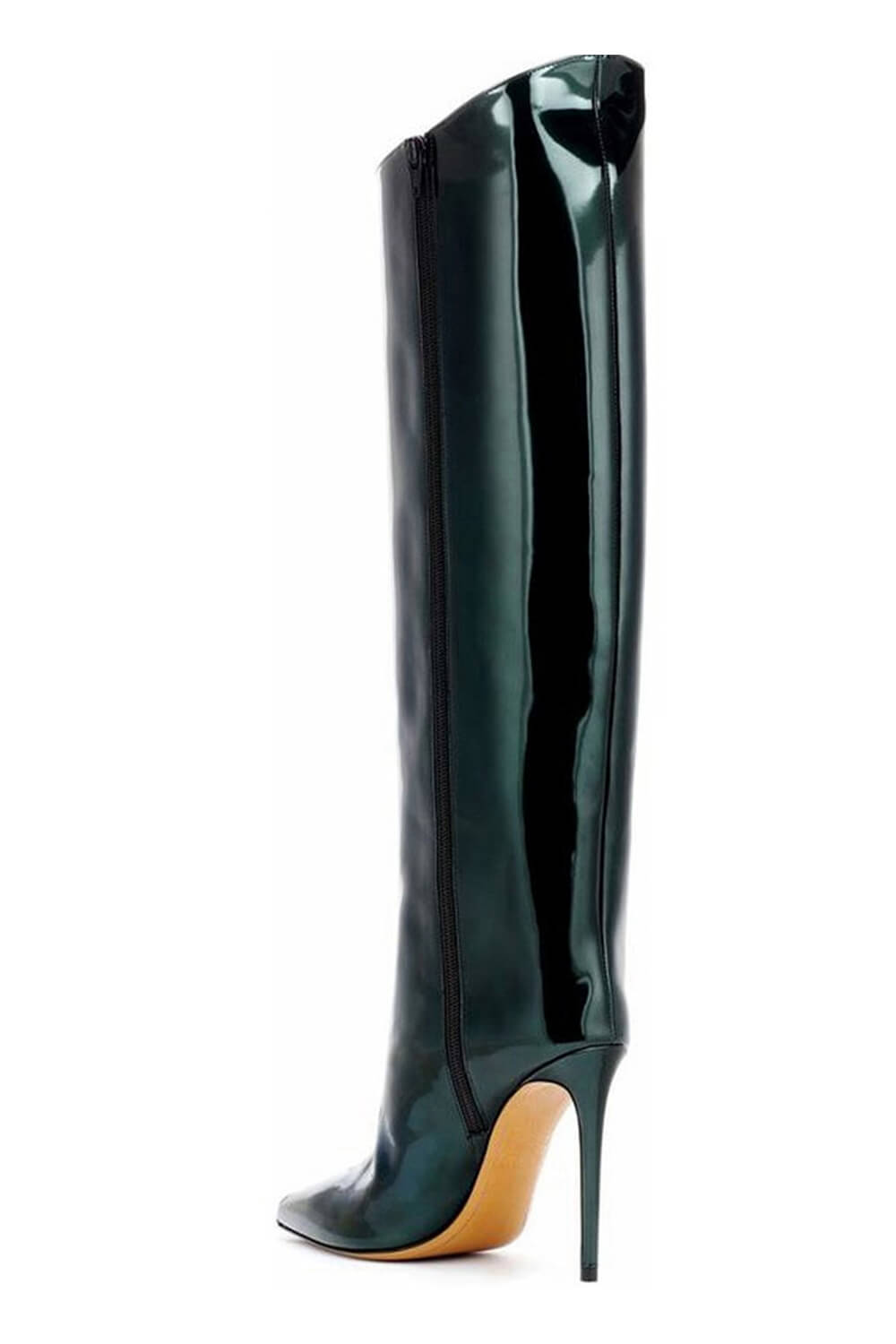 Metallic Finish Knee-High Pointed Toe Stiletto Boots - Dark Green