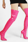 Patent Over The Knee Thigh High Stiletto Boots - Purple/Hot Pink/Lime