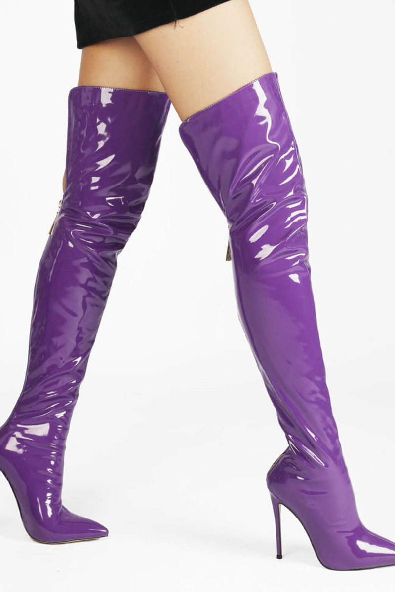 Patent Over The Knee Thigh High Stiletto Boots - Purple/Hot Pink/Lime