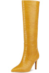 Croc Print Wide Fit Pointed Toe Stiletto Heel Knee High Boots-White/Orange/Red/Green/Black/Cyan/Brown/Lime