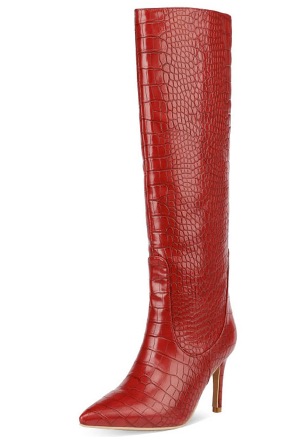 Croc Print Wide Fit Pointed Toe Stiletto Heel Knee High Boots-White/Orange/Red/Green/Black/Cyan/Brown/Lime US 14/EU 45 / White