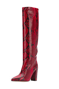 Python Effect Knee High Boots - Red