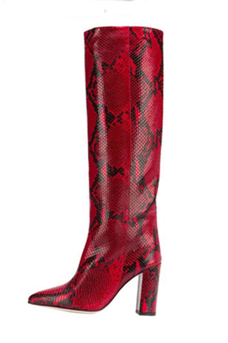Python Effect Knee High Boots - Red