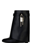 Faux Leather Padlock Detail Folded Wedge Heel Ankle Boots - Black