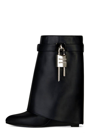 Faux Leather Padlock Detail Folded Wedge Heel Ankle Boots - Black