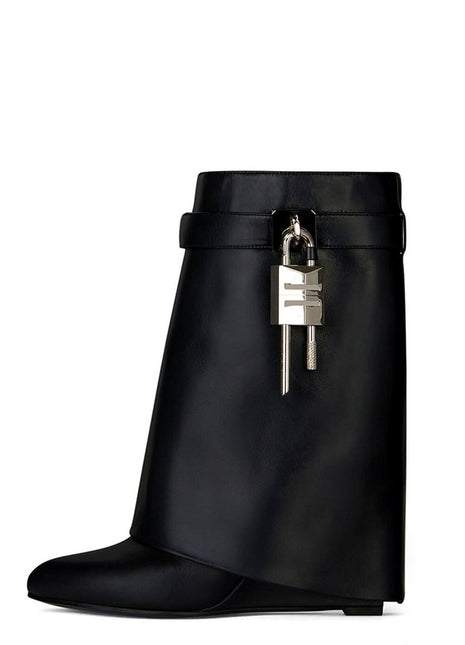 Faux Leather Padlock Detail Folded Wedge Heel Ankle Boots - Black