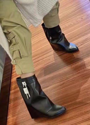 Faux Leather Padlock Detail Folded Wedge Heel Ankle Boots - Black