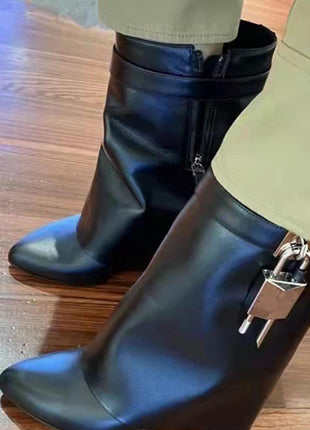 Faux Leather Padlock Detail Folded Wedge Heel Ankle Boots - Black