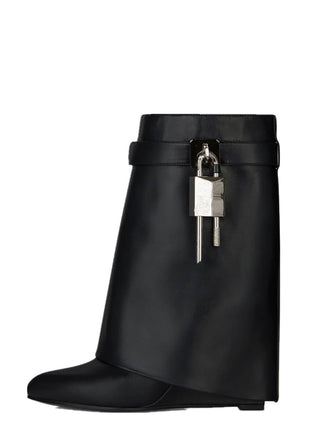 Faux Leather Padlock Detail Folded Wedge Heel Ankle Boots - Black