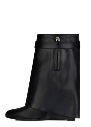 Faux Leather Padlock Detail Folded Wedge Heel Ankle Boots - Black