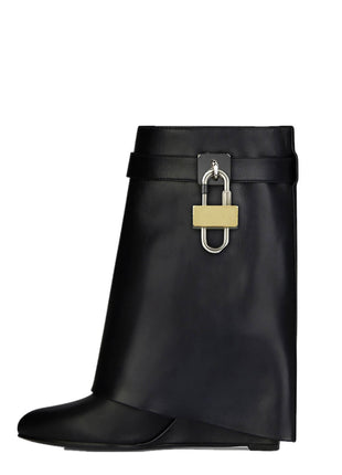 Faux Leather Padlock Detail Folded Wedge Heel Ankle Boots - Black