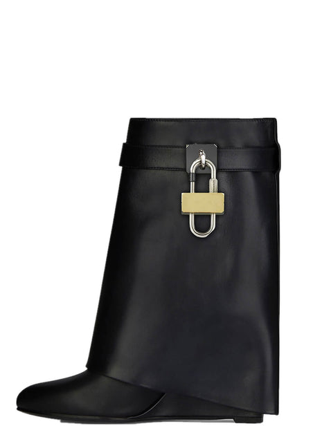 Faux Leather Padlock Detail Folded Wedge Heel Ankle Boots - Black