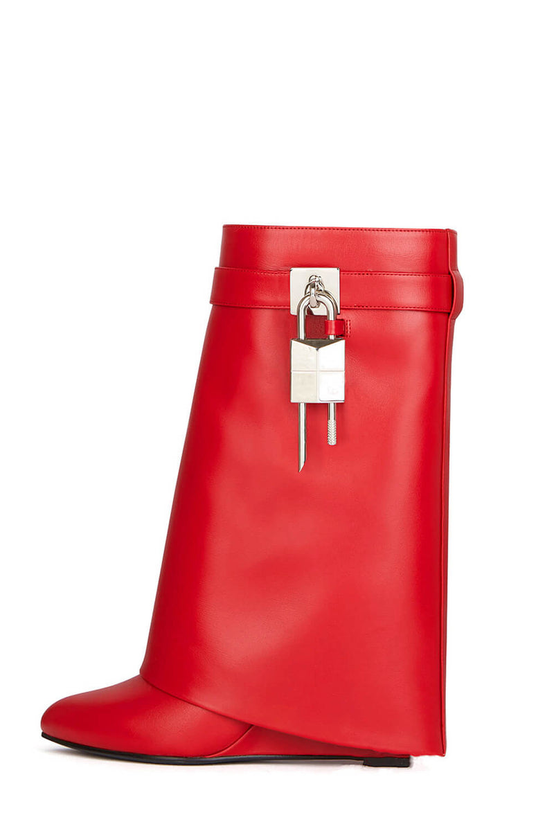 Faux Leather Padlock Detail Folded Wedge Heel Ankle Boots - Red