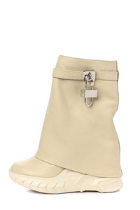 Grained Faux Leather Padlock Detail Folded Chunky Sole Biker Ankle Boots - Beige