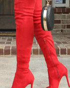 Faux Suede Peep Toe Heeled Over The Knee Boots - Red