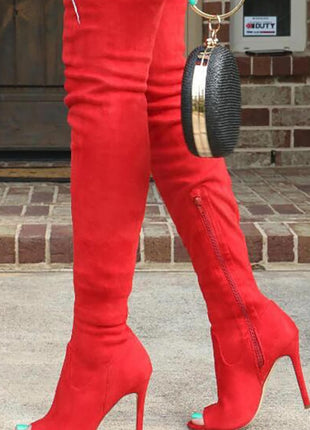 Faux Suede Peep Toe Heeled Over The Knee Boots - Red