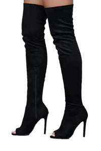 Faux Suede Peep Toe Heeled Over The Knee Boots - Black