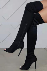Faux Suede Peep Toe Heeled Over The Knee Boots - Black