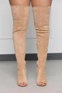 Faux Suede Peep Toe Heeled Over The Knee Boots - Nude