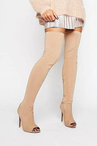 Faux Suede Peep Toe Heeled Over The Knee Boots - Nude