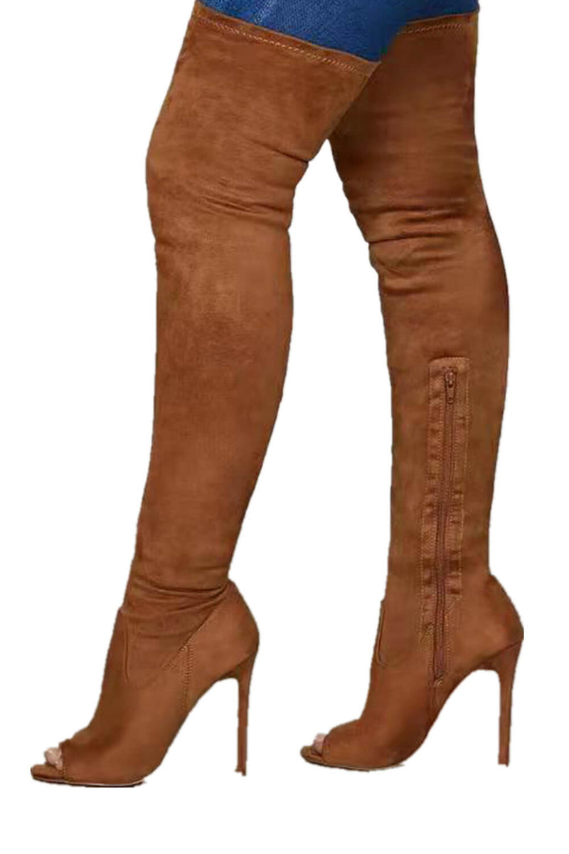 Faux Suede Peep Toe Heeled Over The Knee Boots - Brown