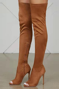 Faux Suede Peep Toe Heeled Over The Knee Boots - Brown