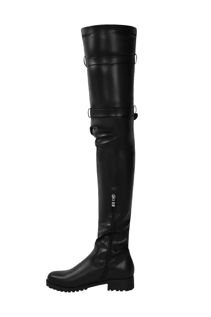 Faux Leather Pouch Detail Thigh High Flat Boots - Black