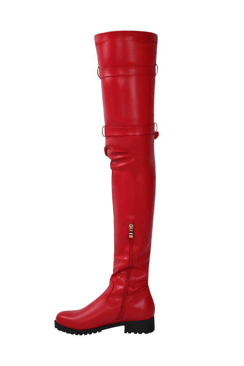 Faux Leather Pouch Detail Thigh High Flat Boots - Red