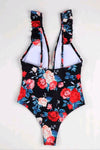 Floral Print Ruffle-Trimmed Plunge One Piece Swimsuit