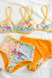 Orange Floral & Island Print V-Neck Reversible High-Waist Bikini Set