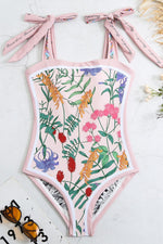 Vintage Taupe Floral Print Reversible Tie-Shoulder One Piece Swimsuit