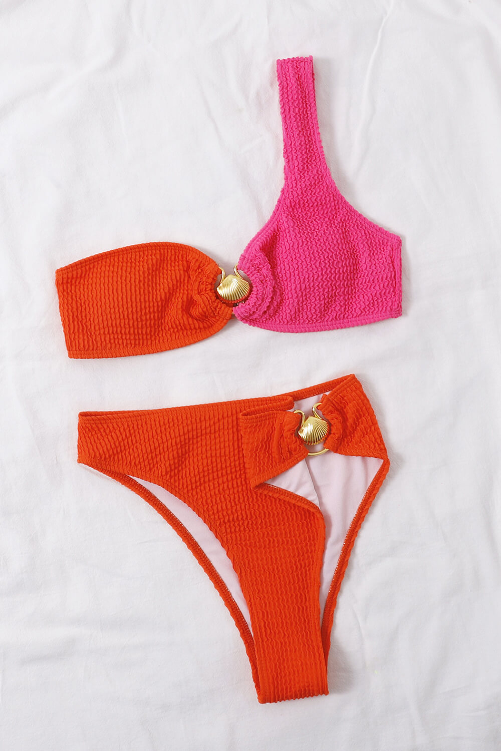 Charming Color Block Scalloped Bustier Bikini Adjustable straps Swimwear