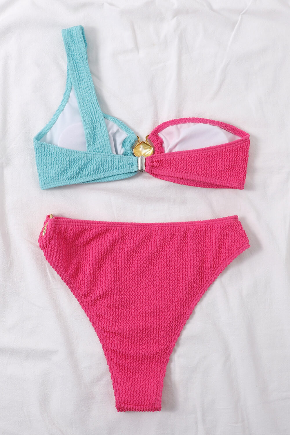 Color Block Crinkle One Shoulder High Waisted Bikini Set With Gold Shell Detail - Blue & Mint/Lime & Yellow/Black/Hot Pink & Blue/Coral & Hot Pink
