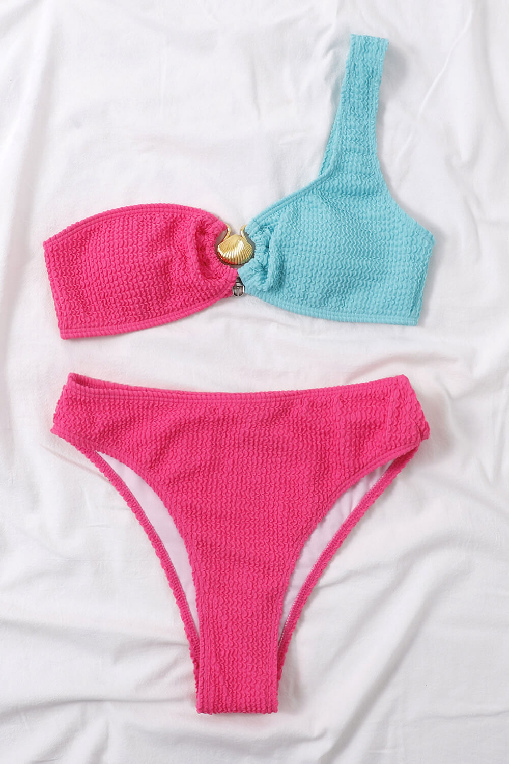 Color Block Crinkle One Shoulder High Waisted Bikini Set With Gold Shell Detail - Blue & Mint/Lime & Yellow/Black/Hot Pink & Blue/Coral & Hot Pink
