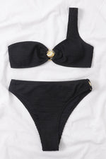 Crinkle One Shoulder High Waisted Bikini Set With Gold Shell Detail - Black