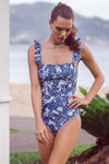 Blue Dragonfly Print Ruffle-Trimmed One Piece Swimsuit