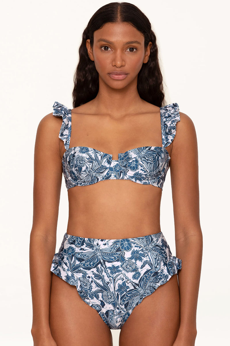 Blue Dragonfly Ruffle-Trimmed Underwire High Waisted Bikini Set