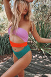 Crinkle Color Blocked One-Shoulder Cutout One Piece Swimsuit - Ultraviolet & Multi