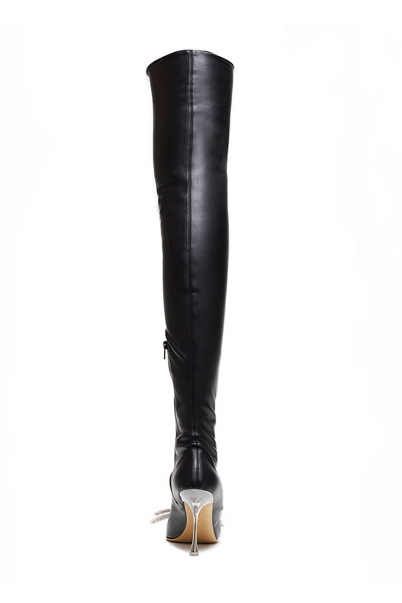 Black Faux Leather Diamante Bow-Embellished Pointed Toe Thigh High Clear Perspex Heeled Boots