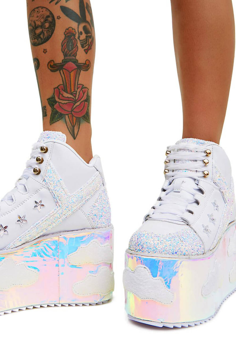 Sky Glitter Platform Lace Up Boots With Cloud Patches Detailing - White