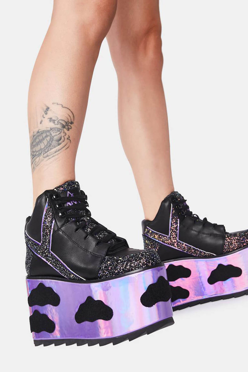 Sky Glitter Platform Lace Up Boots With Cloud Patches Detailing - Black