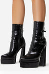 Black Patent Double Platform Pointy Ankle Boots With Triple Ankle Straps Detailing