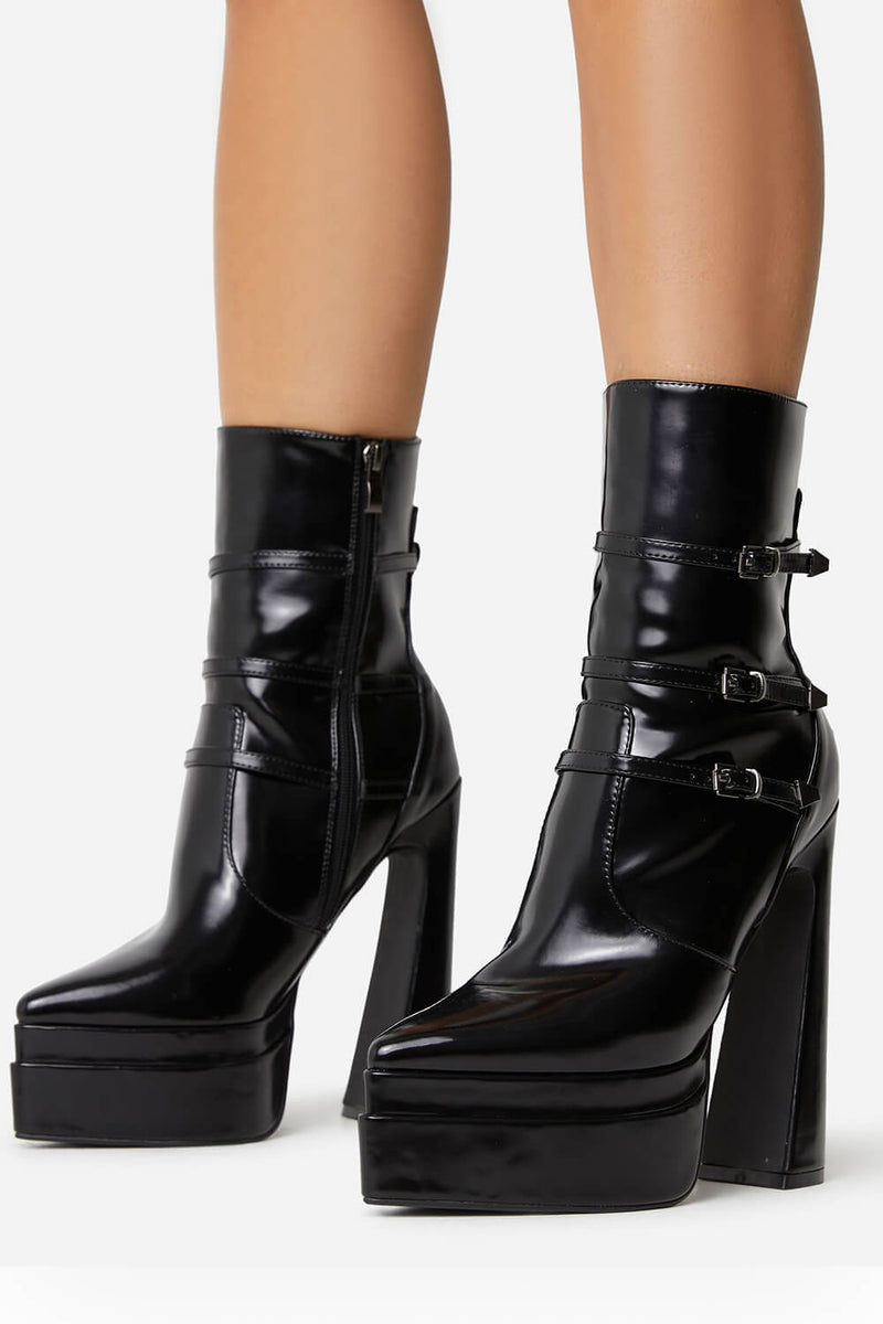 Black Patent Double Platform Pointy Ankle Boots With Triple Ankle Straps Detailing