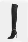 Black Suede Diamante Wrap Pointed Toe Thigh High Stiletto Boots