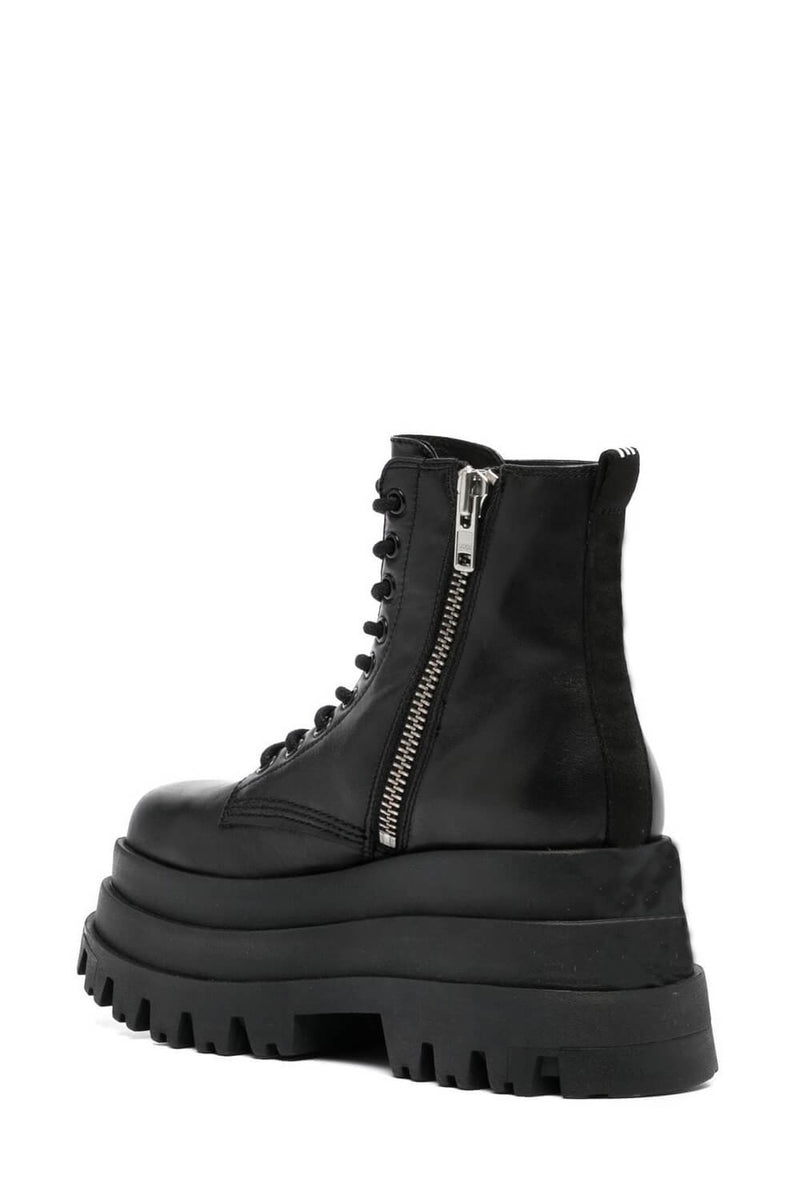 Faux Leather Lace-Up Stacked-Sole Square Toe Boots - Black