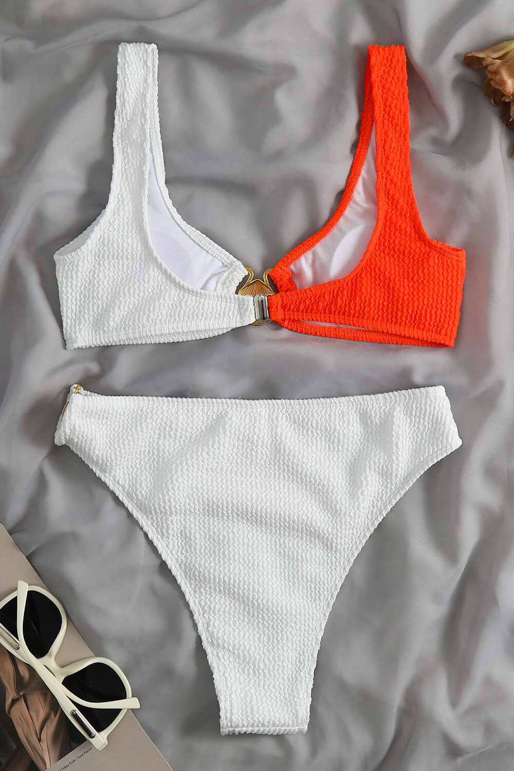 Color Block Crop Crinkle High Waisted Bikini Set With Gold Shell Detail