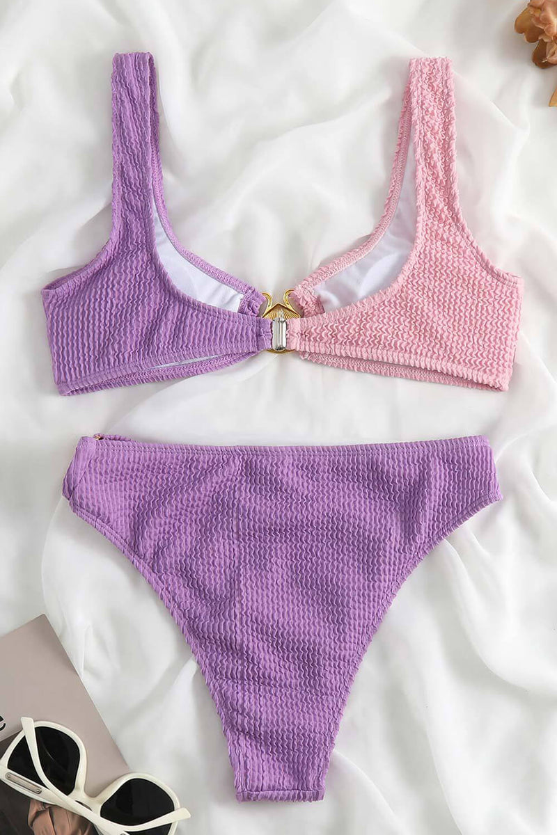 Color Block Crop Crinkle High Waisted Bikini Set With Gold Shell Detail