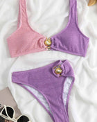 Color Block Crop Crinkle High Waisted Bikini Set With Gold Shell Detail